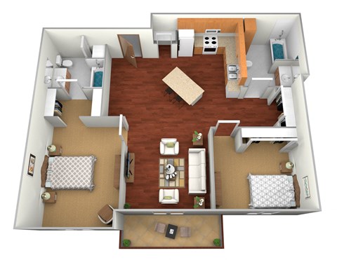 Floor plan for 2 beds, 2 baths, 1003 sqft